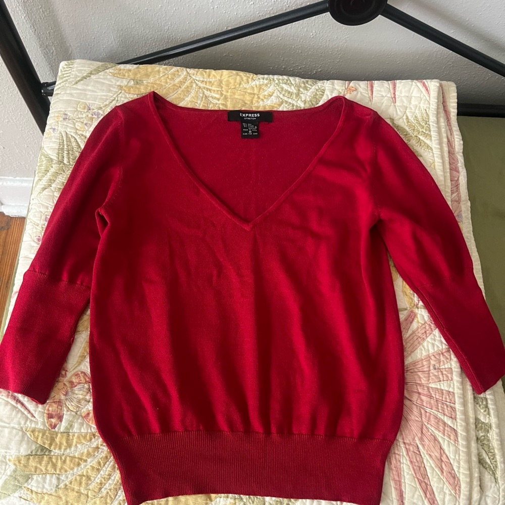 Express Red V-Neck Sweater Classic Knit